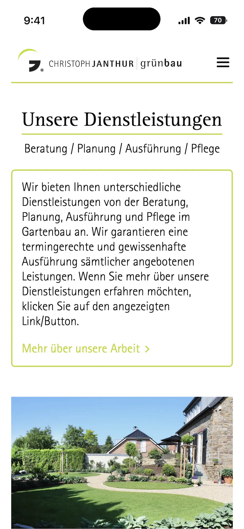 Mobile Ansicht der Webseite von Christoph Janthur Grünbau mit Fokus auf Dienstleistungen in der Gartengestaltung