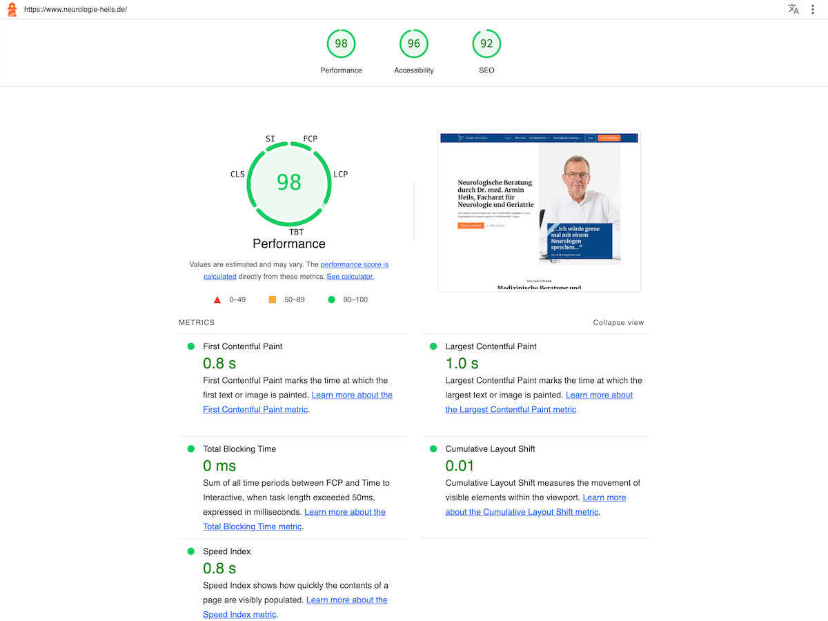 Screenshot von sehr guten SEO-Werten von Lighthouse von der Website von Armin-Heils