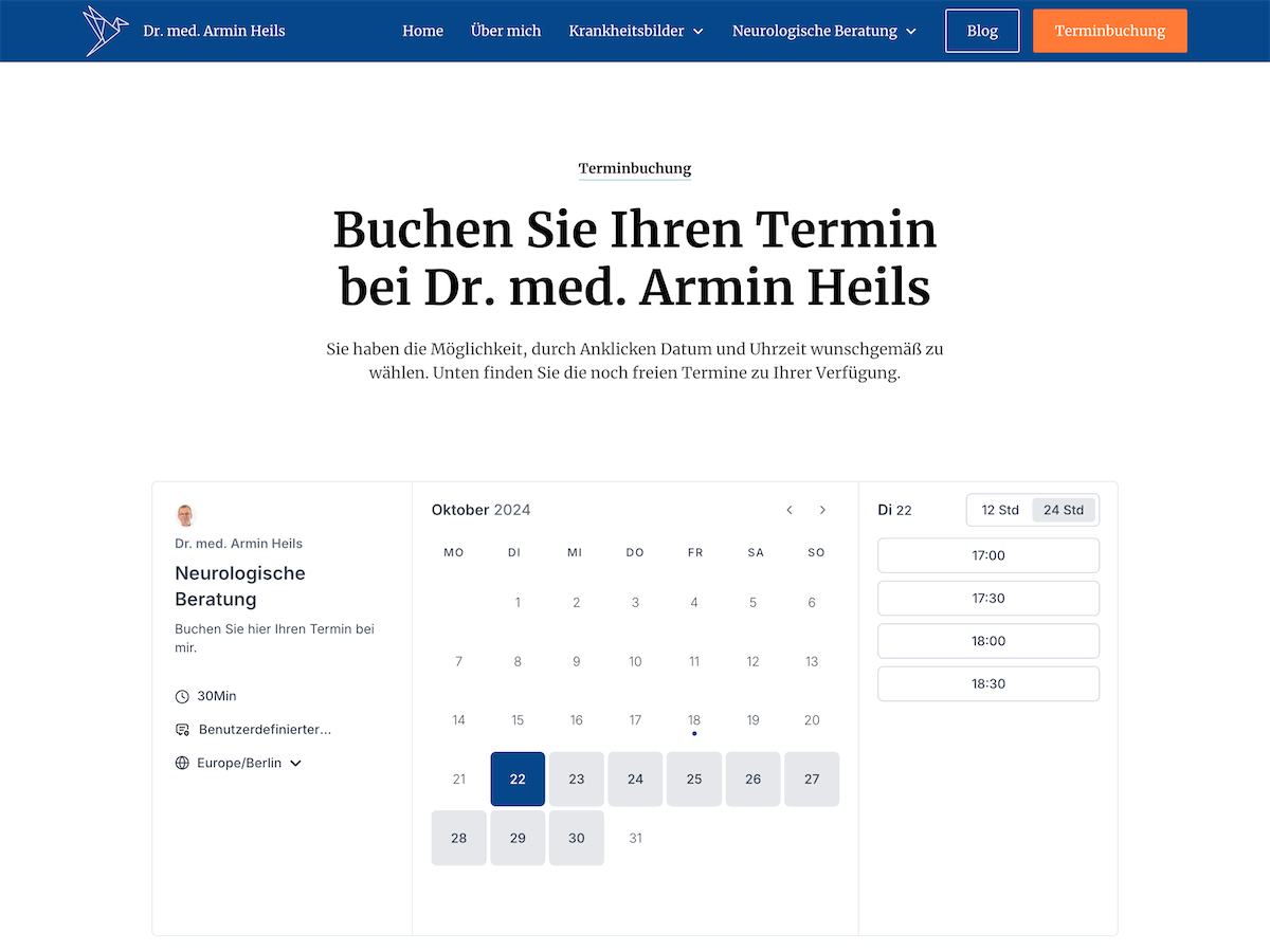 Screenshot der Terminbuchungsmöglichkeit von der Website von Armin Heils